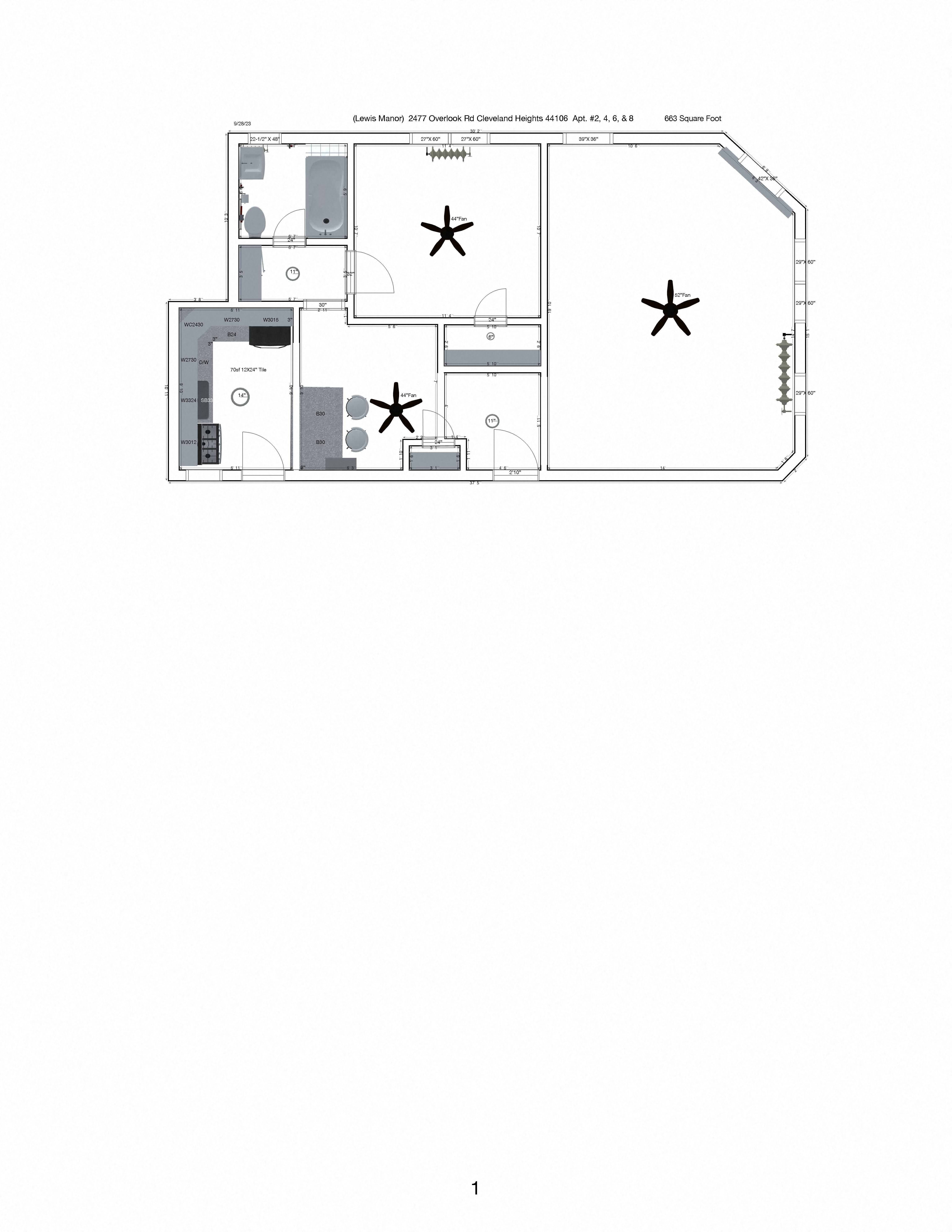 Floor plan for 1 bed, 1 bath, 663 sqft